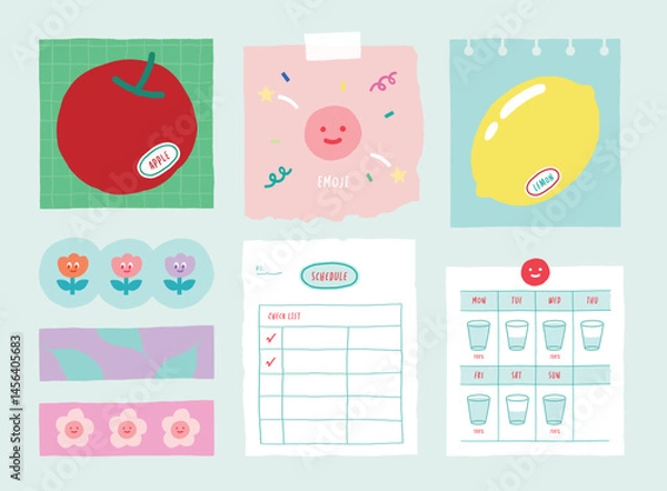 Fototapeta memo template. A collection of striped notes, blank notebooks, and torn notes used in a diary or office.