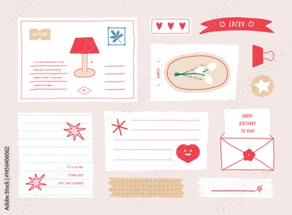 Fototapeta memo template. A collection of striped notes, blank notebooks, and torn notes used in a diary or office.