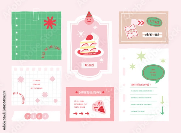 Fototapeta memo template. A collection of striped notes, blank notebooks, and torn notes used in a diary or office.