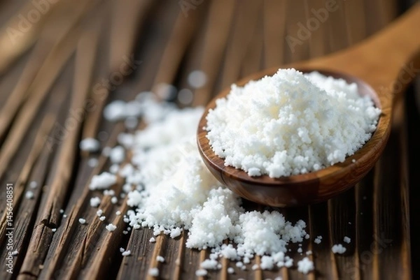 Obraz Scattered magnesium chloride flakes & wooden spoon on rustic wood background , minerals, natural remedy