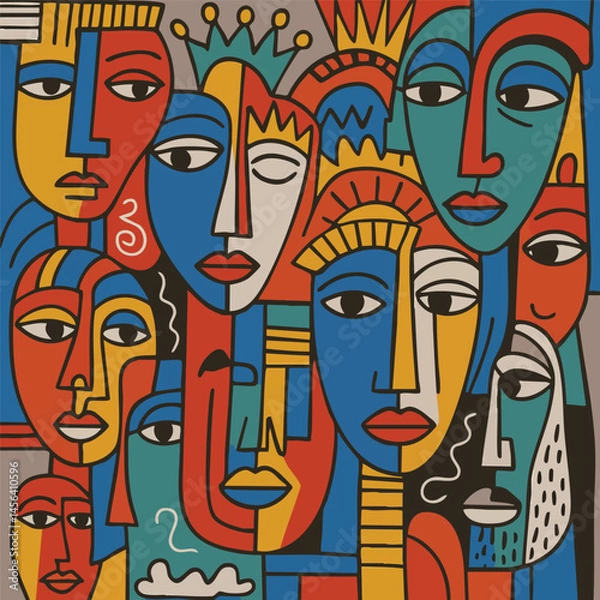 Fototapeta Abstract illustration featuring a multitude of colorful faces in a bold, modern cubist style. Vibrant primary colors and strong lines create a dynamic composition representing diversity and community