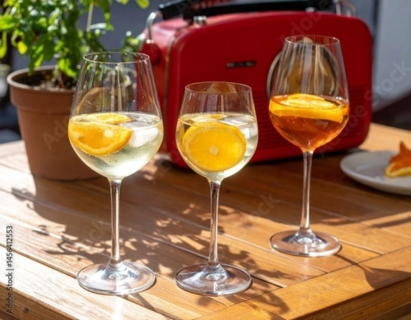Obraz Three wine glasses with citrus slices rest on a wooden table beside a retro red radio, plant, and orange slices, evoking a relaxed vintage vibe.