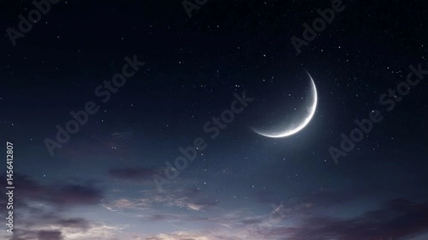 Obraz Crescent moon shines brightly in a dark night sky with faint stars.