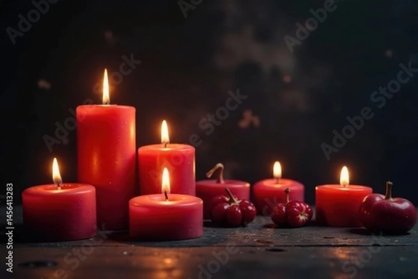 Fototapeta Several burning candles illuminate a dark, textured background , photography, light