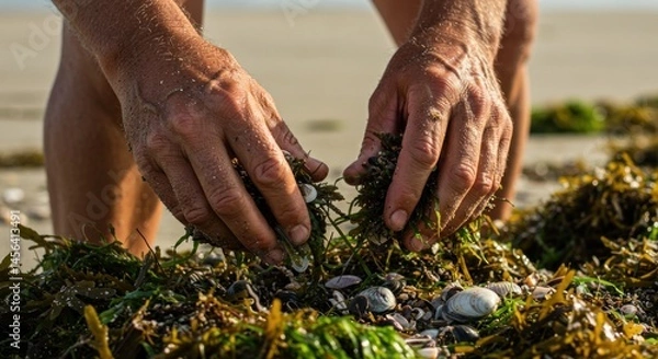 Fototapeta Hands collecting seaweed and shells on a beach - Photo