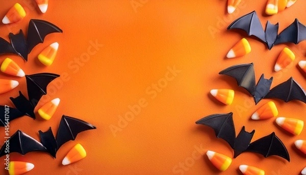 Fototapeta candy corn and bats on an orange background copy space