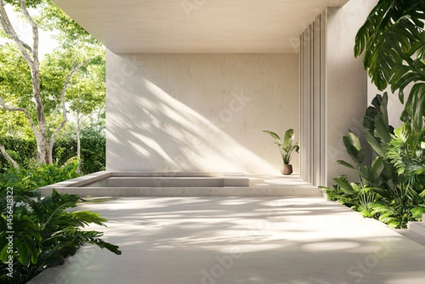 Fototapeta Modern minimalist patio design featuring a tranquil pool lush greenery and sunlight streaming through trees