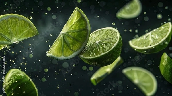 Fototapeta Bright juicy lime slices on a dark isolated background, creating a fresh citrus pattern, vitamin C concept. Explosion of freshness. Element of summer visual identity.