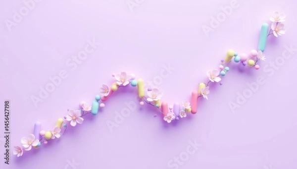 Fototapeta A pastel-colored graph line decorated with flowers and 3D shapes on a light purple background.