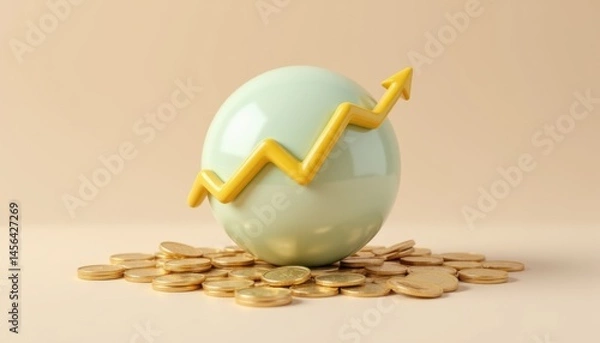Fototapeta A sphere with an upward arrow sits atop a pile of gold coins, symbolizing financial growth and investment success.