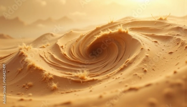 Fototapeta A swirling sand vortex forms in a golden desert landscape, surrounded by small tufts of dry grass under a hazy sky.