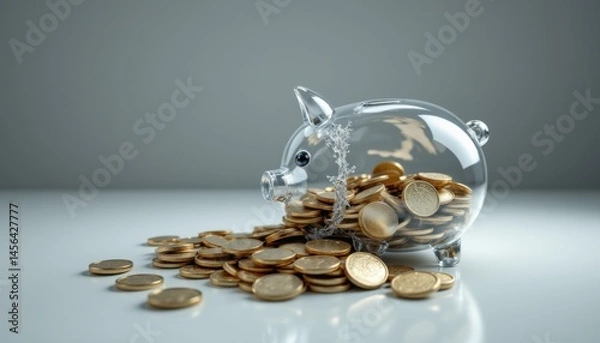 Fototapeta A transparent piggy bank with coins spilling out onto a white surface, symbolizing savings and financial management.