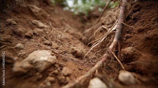 Obraz This close-up macro view showcases rich dark soil, highlighting detailed textures and tiny roots that symbolize the vitality of Earth's ecosystem and fertility