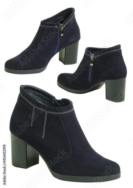 Fototapeta Dark blue suede ankle bootie transparent background.. Stylish women's footwear product shot. Bootie with block heel and zipper.