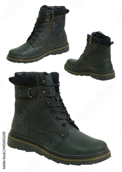 Fototapeta Dark casual boot with zipper and buckle strap transparent background.. Stylish men's footwear. Product shot of rugged boots.