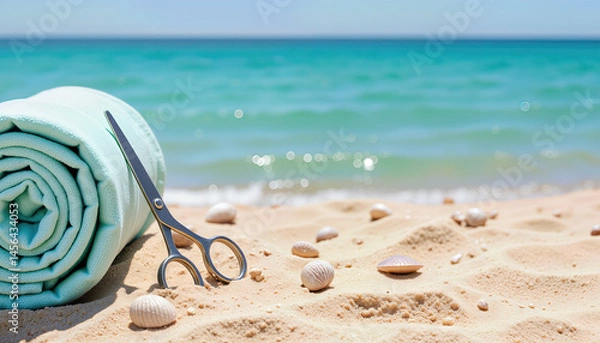Obraz Stainless steel scissors lying on sandy beach with towel, summer style