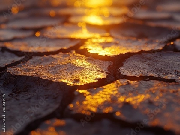 Fototapeta Cracked earth in the foreground with golden sunset light reflecting on the surface. An artistic image symbolizing drought and natural beauty at once.