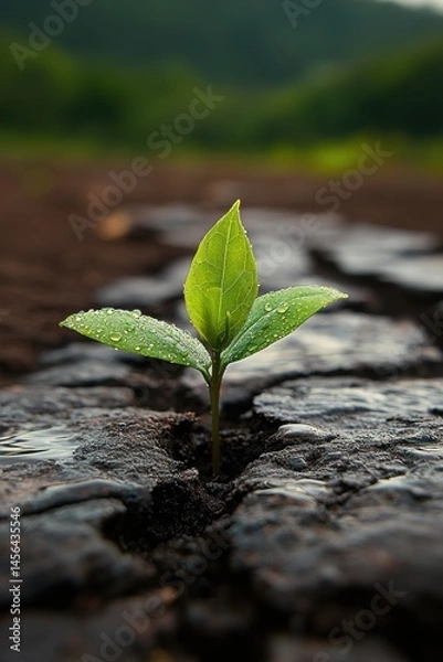 Fototapeta Green sprout emerging through cracks in dry, yet damp, earth. It represents hope, resilience, and rebirth in the midst of the climate crisis and drought.