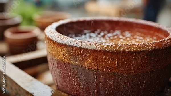 Obraz A freshly sculpted clay pot glistens with moisture, showing air bubbles as it dries in a warm, inviting traditional pottery studio