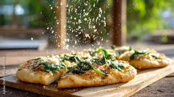 Obraz Golden crust pizza with melted cheese and fresh spinach topped with grated parmesan cascades as warm sunlight fills the rustic kitchen