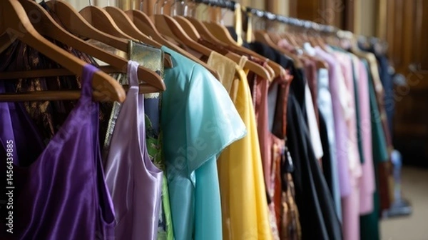 Obraz An array of elegantly designed dresses in various hues and intricate patterns hang neatly on wooden racks inside a boutique with soft lighting, emphasizing quality