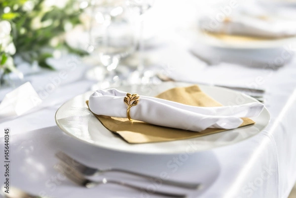 Fototapeta A wedding table covered with a white tablecloth, decorated with flowers, candles, glasses and cutlery