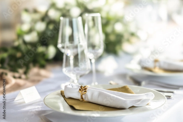 Fototapeta A wedding table covered with a white tablecloth, decorated with flowers, candles, glasses and cutlery