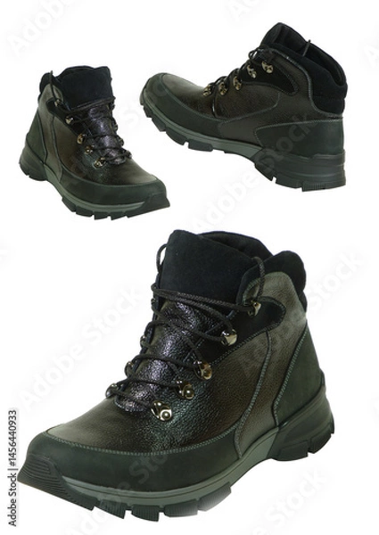 Fototapeta Dark textured casual boot with zipper transparent background.. Stylish men's footwear product shot. Modern boot with laces and shine.