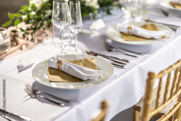 Fototapeta A wedding table covered with a white tablecloth, decorated with flowers, candles, glasses and cutlery