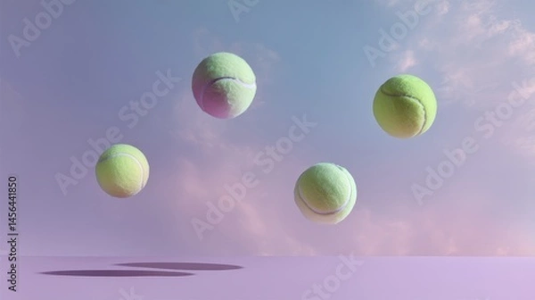 Obraz Tennis balls float in mid-air at varying heights, set against a soft blue gradient, creating a whimsical and energetic atmosphere that invites playfulness