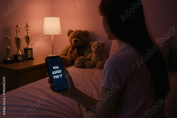 Fototapeta Cyberbullying threatening message "You Asked For It" on cracked smartphone held by teen girl at night