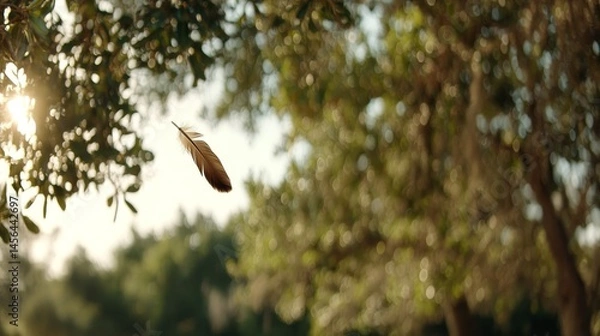 Obraz A feather floats gently in the air, illuminated by warm sunlight as it glides amidst lush greenery, capturing a tranquil moment in nature