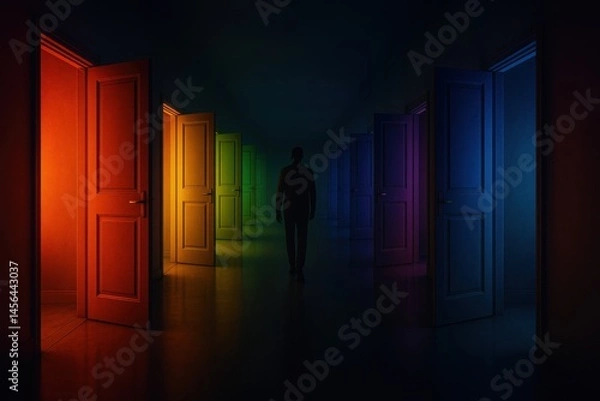 Fototapeta Man facing multiple colorful open doors, metaphor for life decisions and opportunities