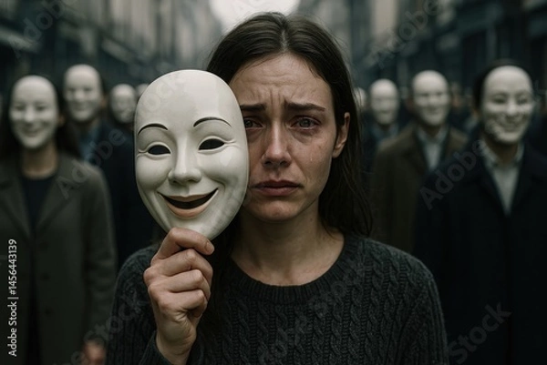 Fototapeta Sad woman holding smiling mask, metaphor for hidden emotions and depression