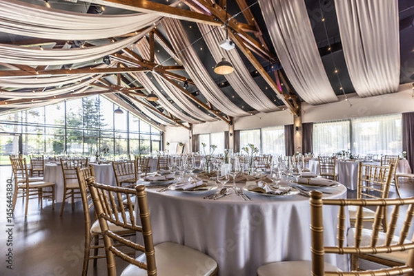 Fototapeta Wedding setting and decorated tables in a beautiful modern interior of a performance hall with a modern light ceiling of wooden construction