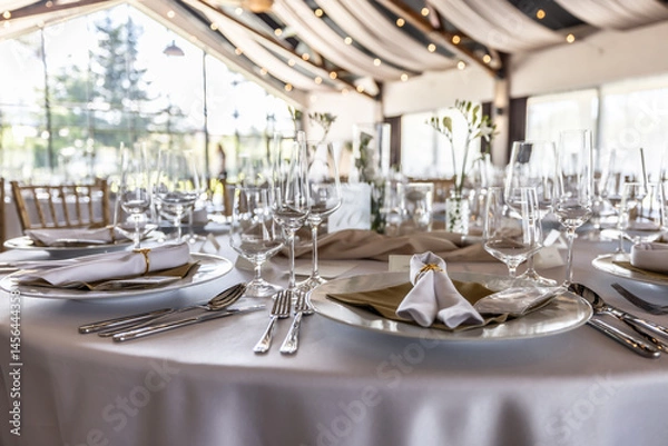 Fototapeta Wedding setting and decorated tables in a beautiful modern interior of a performance hall with a modern light ceiling of wooden construction
