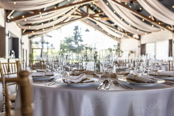Fototapeta Wedding setting and decorated tables in a beautiful modern interior of a performance hall with a modern light ceiling of wooden construction