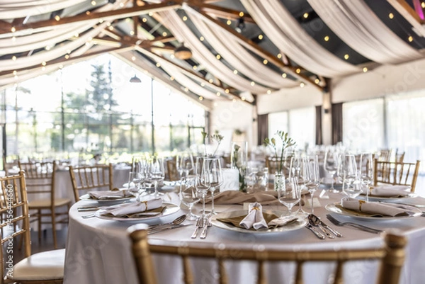 Fototapeta Wedding setting and decorated tables in a beautiful modern interior of a performance hall with a modern light ceiling of wooden construction