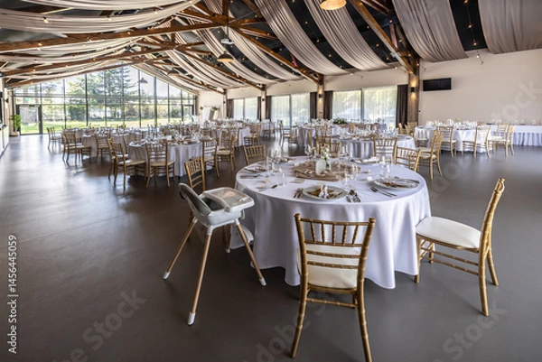 Fototapeta Wedding setting and decorated tables in a beautiful modern interior of a performance hall with a modern light ceiling of wooden construction