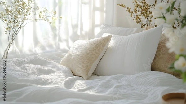 Obraz A serene bedroom interior, bathed in soft sunlight.