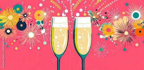 Fototapeta Two sparkling champagne glasses clink together in celebration against a vibrant pink background adorned with colorful flowers and confetti. creating a festive atmosphere