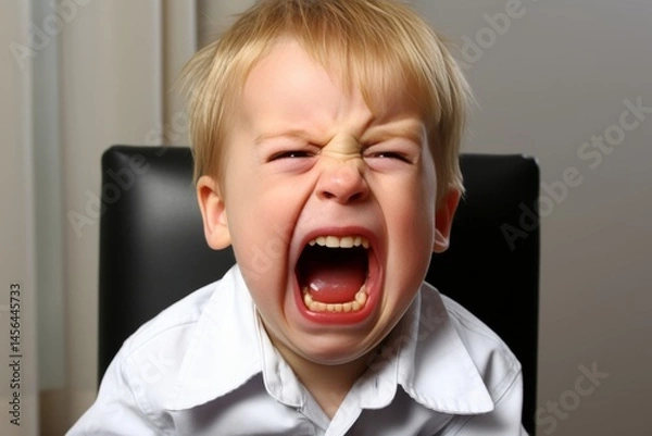 Fototapeta A little boy with behavioral problems is screaming capriciously.