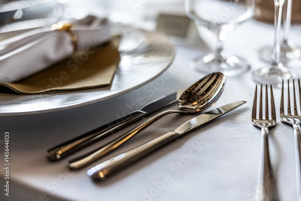 Fototapeta Cutlery Silver-plated cutlery set with intricate designs, elegantly placed on a festive table setting, enhancing the dining experience