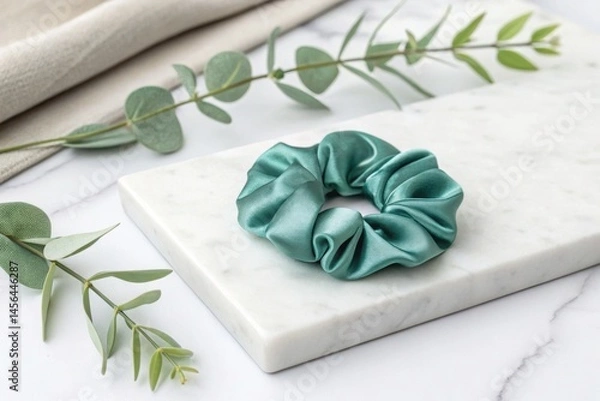 Fototapeta Emerald Toned Scene, Green abstract background Soft silk scrunchie in verdigris green against an abstract background, perfect for fashion and lifestyle imagery.