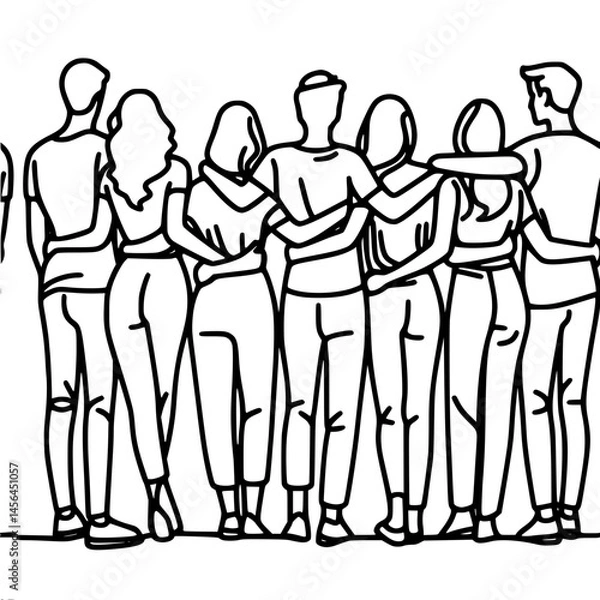 Obraz Group of friends in trousers standing with backs hugging together in unity on plain background, vector outline of one line
