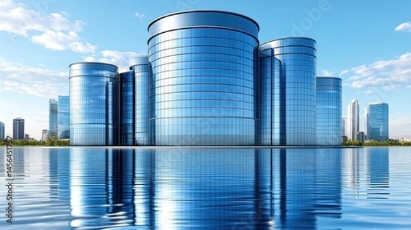 Fototapeta Futuristic city skyline reflection on water surface representing