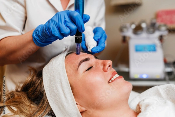 Obraz Beautician wearing blue gloves uses a microneedling pen to apply serum to forehead of client with closed eyes lying on a treatment table during a beauty spa procedure. Modern anti-age procedure.