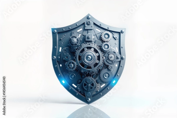 Fototapeta Mechanical Shield with Gears and Cogs Steampunk Protection Symbol Technology Concept Security Defense Mechanism Isolated on White Background