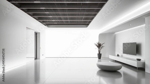 Fototapeta Modern Minimalist Interior Design with Open Space Layout and Contemporary Furniture in White Clean Aesthetic