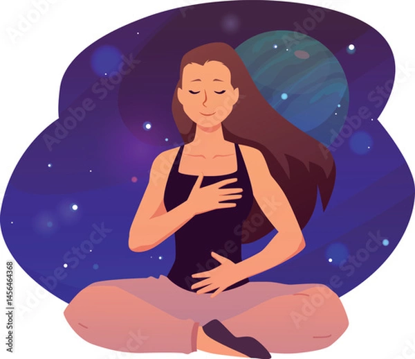 Fototapeta Woman in lotus posture makes calm breathing exercise and meditation on space scenery, yoga practice vector illustration